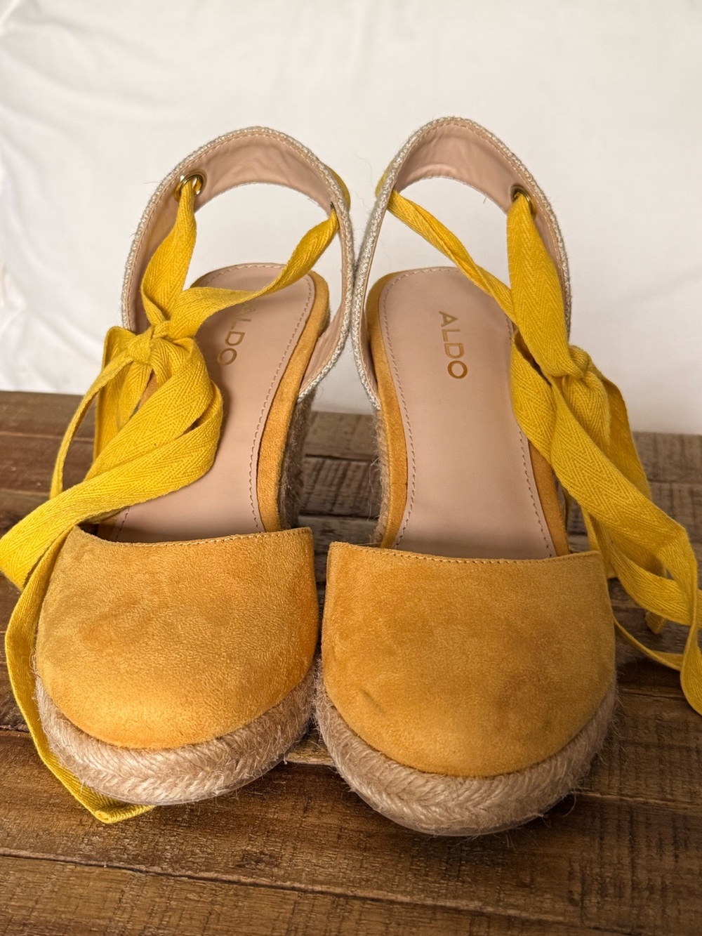 Aldo Mustard Yellow Espadrille Wedge Sandals with Wrap Tie - Picture 2 of 9